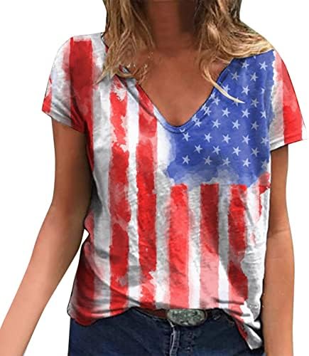 Ризи 4 юли, Дамски Ежедневни Лятна Тениска с Американския Флаг, Къс Ръкав, V-Образно деколте, Звезди, Райета, Блуза и Вратовръзка-Боя, Топ