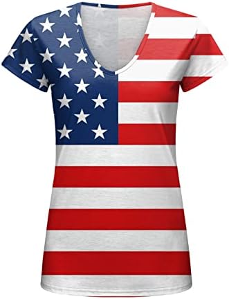Ризи 4 юли, Дамски Ежедневни Лятна Тениска с Американския Флаг, Къс Ръкав, V-Образно деколте, Звезди, Райета, Блуза и Вратовръзка-Боя, Топ