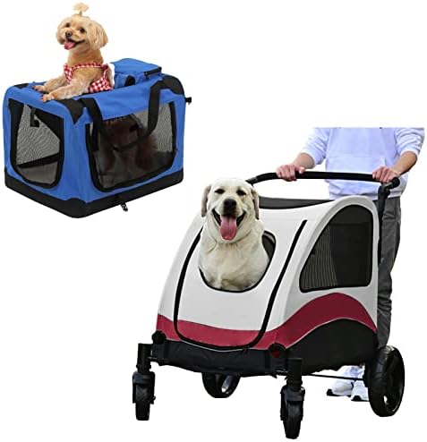 Куче на количка за по-Големи кучета, Червено и Сгъваеми кутии за кучета, Синьо L