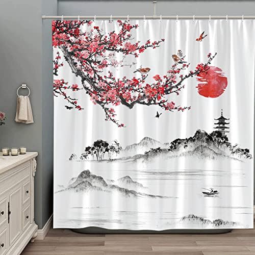 Завеса за душ ZZYSKS Cherry Blossom Червено Цвете Птица Японската Сакура Слънцето Азиатски Стил Чиста Планинска Азиатската Живопис