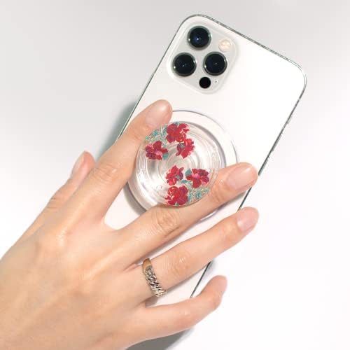 COMMONKUNST Цъфтят цветя Магнитна Сгъваема Разтегателен Многофункционална дръжка за мобилен телефон + магнитен дисков джанти в комплект (Червено цвете)
