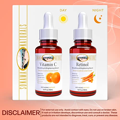 Серум Sonoma Naturals с витамин С и ретинол за лице, 1 унция, две опаковки | Дневен и нощен комплект | Разглаживающая Натурална