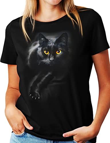 Тениска с Черна Котка за жени и Мъже, Страхотни Подаръци с Котка за Любителите на Котки, Тениска с Черна Котка и Жълти Очи с принтом