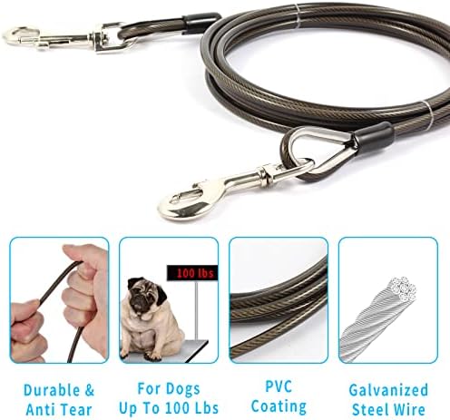 Кабелна замазка за кучета | Дължина от 10 фута Якост на опън 100 паунда Поцинкована стоманена Оплетка кабел с PVC покритие, дъвчене и каишка за по-малките или по-големит?
