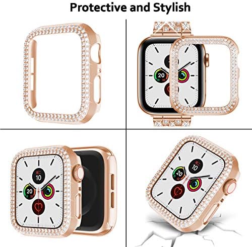 beuxece Bling Band, Съвместим с Apple Watch с корпус 38 40 42 41 45 мм, iWatch Series 3 4 5 6 7 8 SE, Метални Бижута, Гривни С Кристали, Взаимозаменяеми каишка за жени, Розово злато (44 мм)