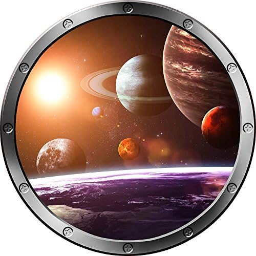 12Пролука Прозорец На Космическото Пространство На Слънчевата Система 1 Кръгла Сребърен Незабавен Вид Стенен Графичен Стикер За