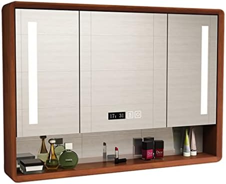 BDDIE 3-шкаф с осветление, 90-120 см, Огледален шкаф за баня, Органайзер за съхранение, Стенни шкафове над тоалетна, вградени или за повърхностен монтаж (Цвят: орех Размер: